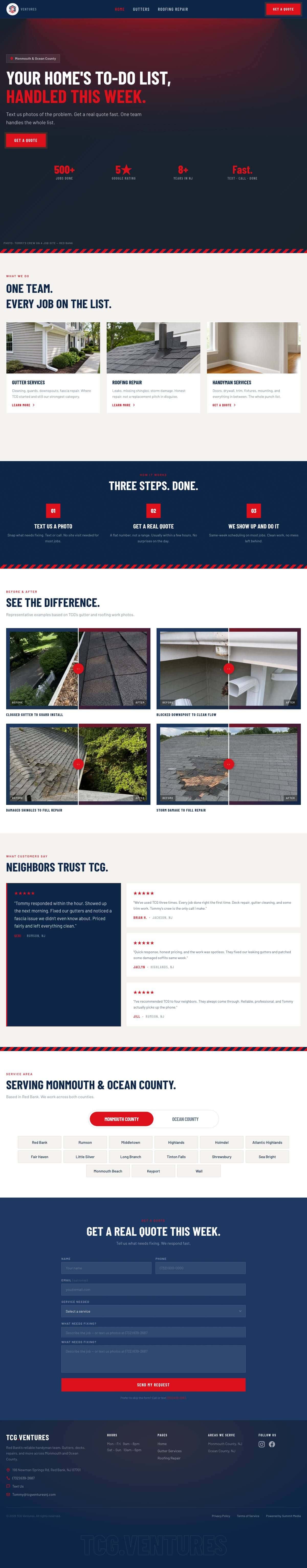 Full page of the rebuilt TCG Ventures site, from the service-area hero through the jobs and ratings strip.